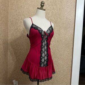 VTG 80s Red & Black Satin Floral Lace Bow Tie Front Ruffled Lingerie Slip Dress